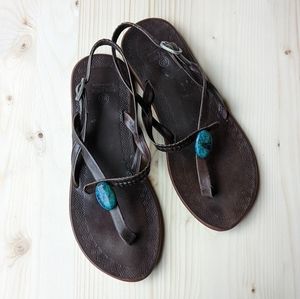 Handmade leather sandals with turquoise gemstone